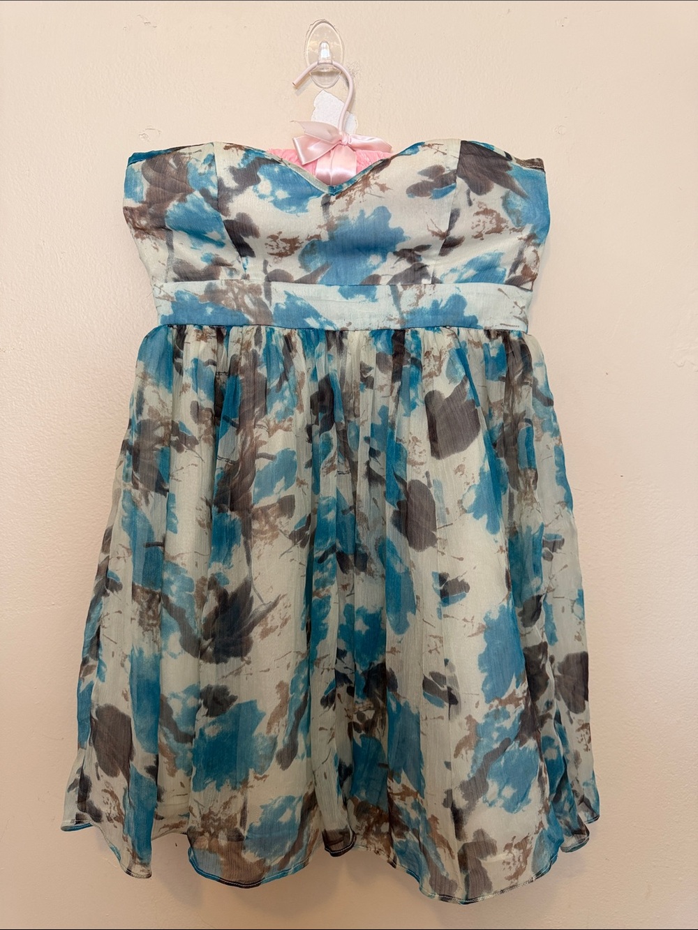 Minuet Petite Blue and Gray Floral Strapless Party Dress